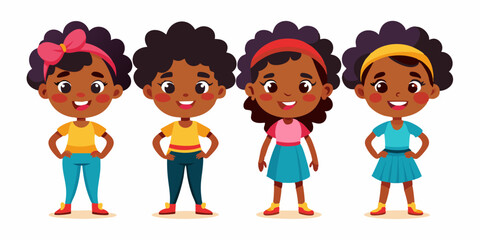 Set of young African American woman character on white background. Happy black girl
