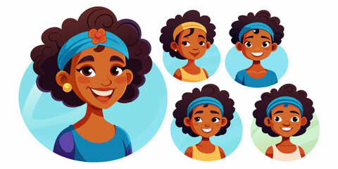 Set of young African American woman character on white background. Happy black girl
