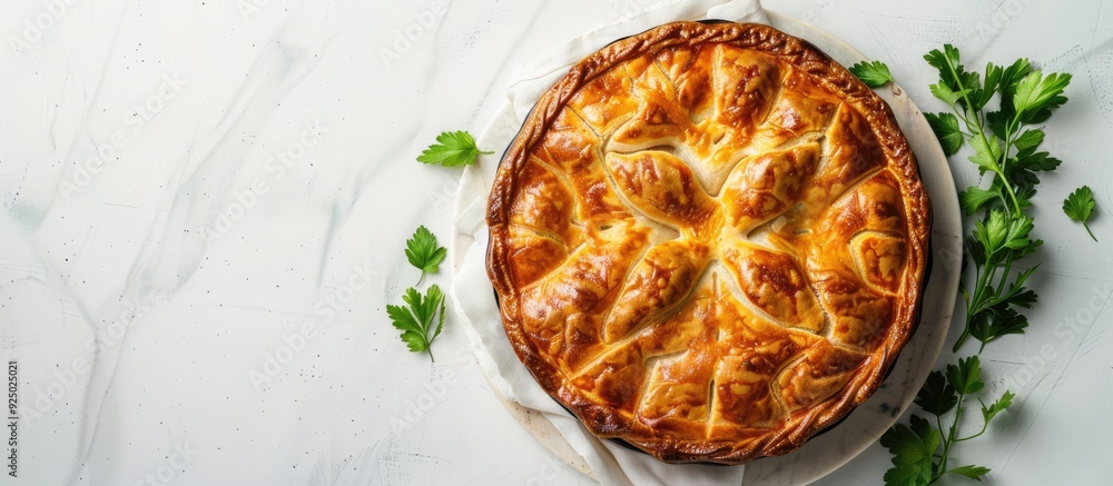 Aufkleber top view of a traditional ossetian beef pie on a white background with copy space image.
