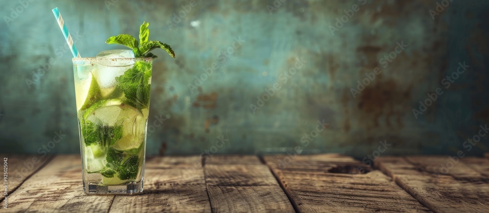 Poster mojito displayed on a rustic wooden surface with copy space image.