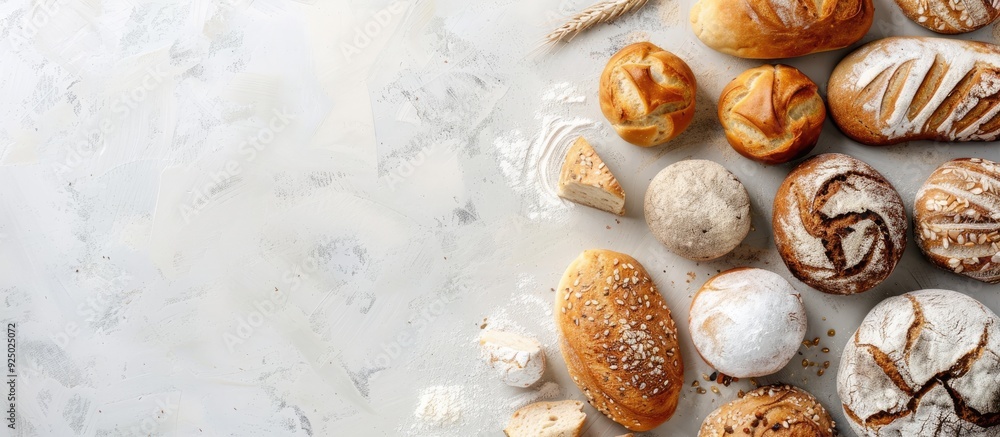 Poster top view of various homemade natural breads as a background with ample copy space for adding text or