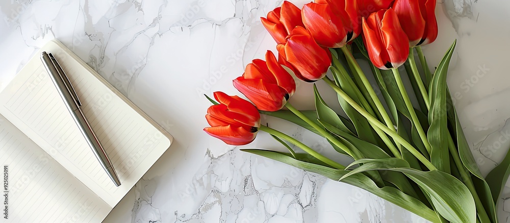 Poster from above, there are red tulip flowers on a white table with a diary and a grey pen, creating a vis