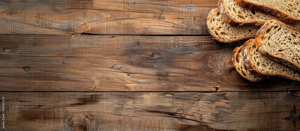 Poster top view of bread slices on an old rustic wooden surface with a horizontal composition and ample cop