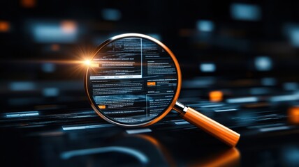 A close-up view of a magnifying glass highlighting digital data, symbolizing search and analysis in modern technology.