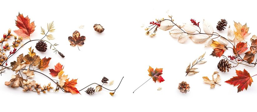 Top view of a fall-themed arrangement with dried leaves, isolated with space for text or imagery. image with copy space