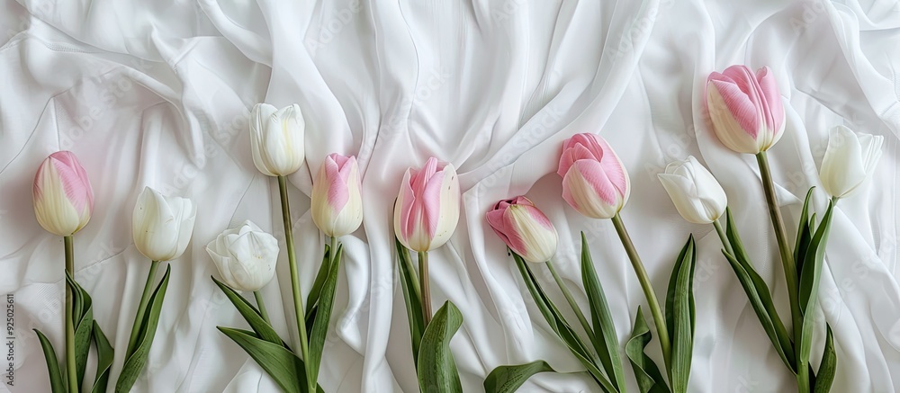 Poster pink and white tulips on white fabric surface with room for text or other design elements in the pic