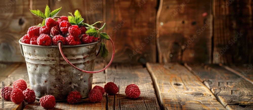Aufkleber raspberries in a charming bucket on a wooden backdrop with copy space image.
