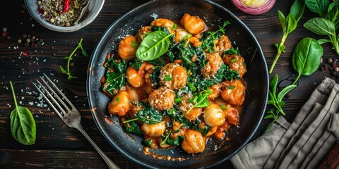 Tuscan Chicken Meatballs with Gnocchi in Creamy Sun Dried Tomato Sauce Baked with Spinach on Dark Wood Table