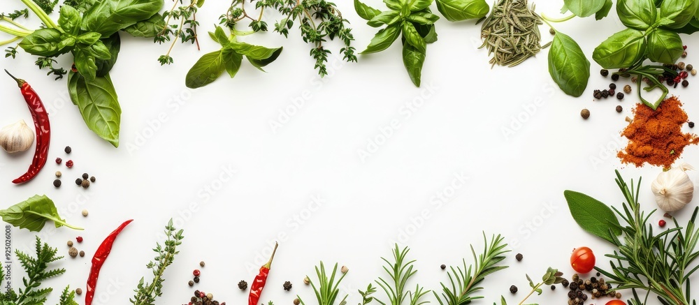 Poster fresh herbs and spices create a frame surrounding a copy space image against a white backdrop.