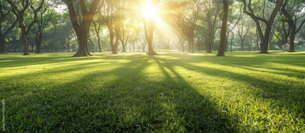 Poster Sunlight filters through the lush greenery in a public park, creating a peaceful atmosphere with copy space image.