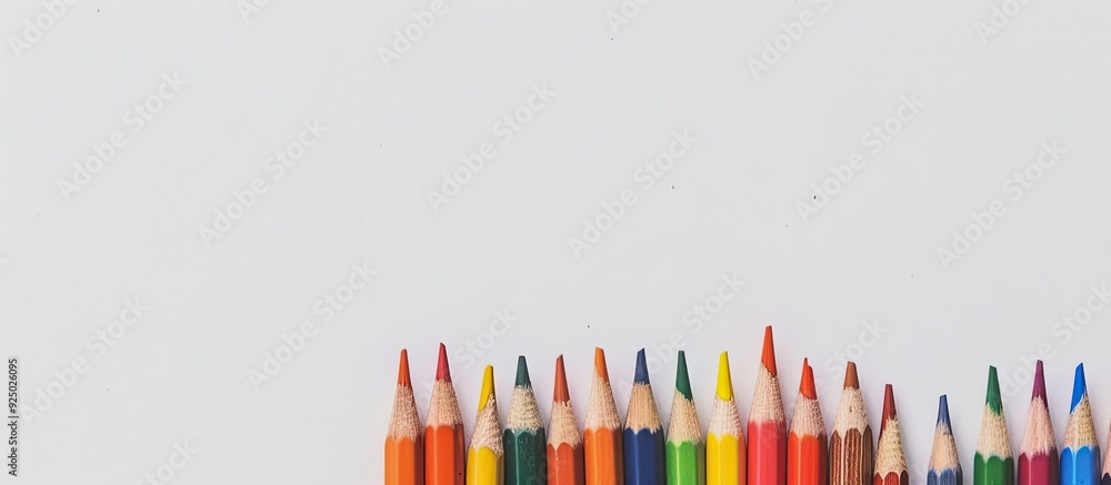 Poster top view of color pencils on a white background, allowing for text to be added in the free area. per