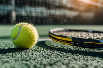 Close up shot of a tennis ball and racquet lay down on a tennis court.
