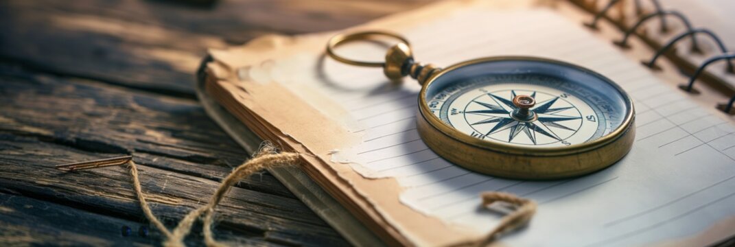 An antique compass placed on an open notebook with a rustic wooden table in the background, showcasing an adventurous spirit and exploration.