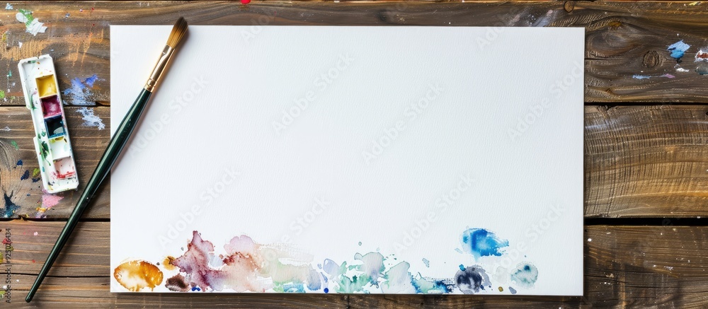 Poster mockup paper for watercolor art display with a paintbrush and palette on a blank sheet in a top-view