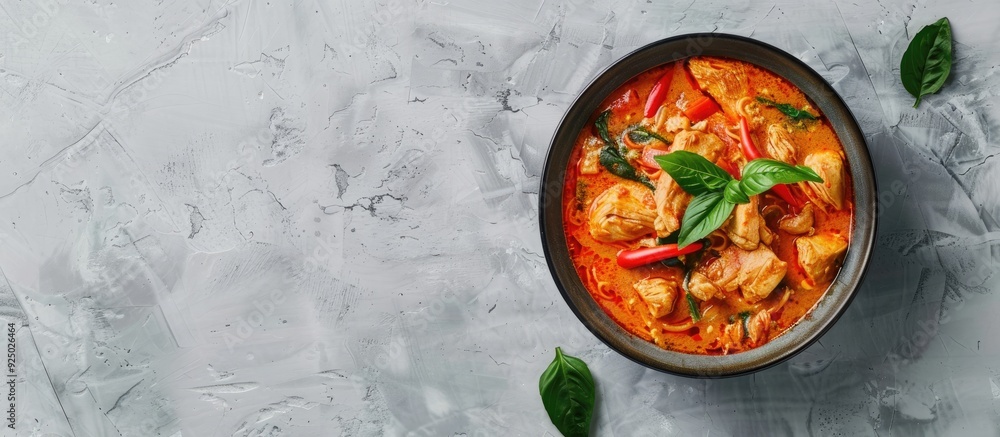 Poster traditional asian dish featuring red curry with chicken in a bowl on a light gray backdrop, captured