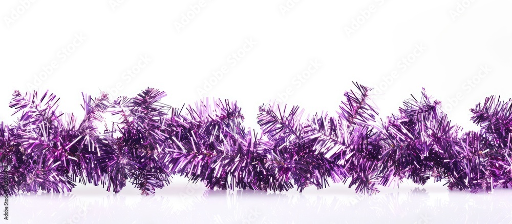Poster purple shiny tinsel with copy space image on white backdrop for new year layout.