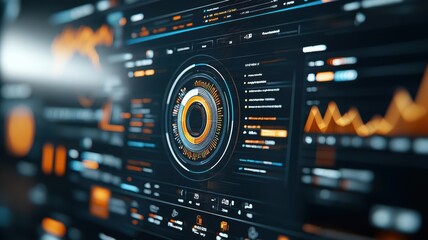 Obraz premium Futuristic data dashboard with interactive elements in vibrant colors, showcasing analytics and user interface design.