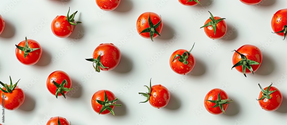 Poster pattern of cherry tomatoes displayed on a white textured background with copy space image.