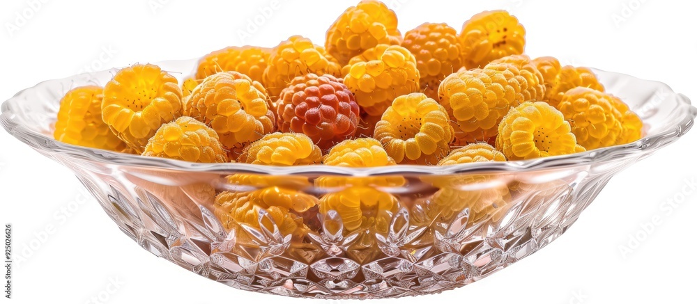 Poster yellow raspberries presented in a clear bowl isolated on a white background with a clipping path for