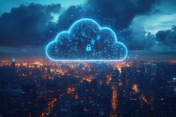 Fototapeta premium cloud computing concept ethereal data streams flowing into cloud shape interconnected nodes secure padlock icons futuristic cityscape below