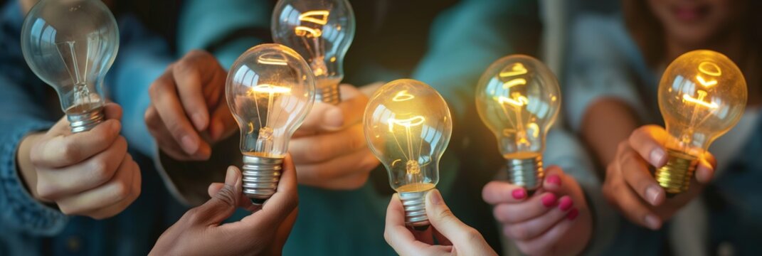 A team holding glowing light bulbs, symbolizing innovation, collaborative ideas, and shared creativity in a warm and inviting atmosphere.
