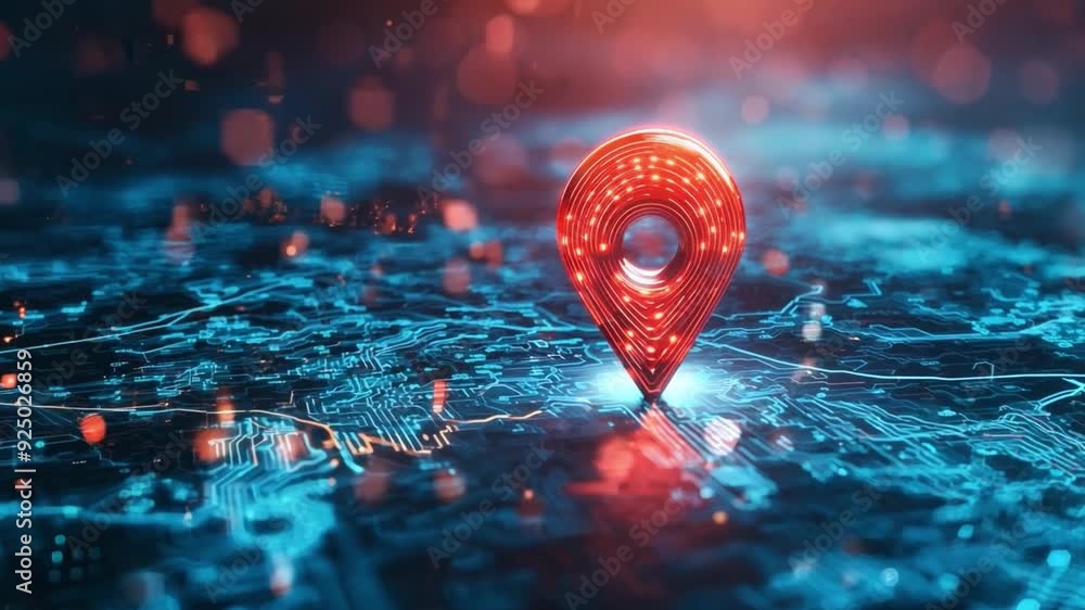 Aufkleber a red navigation pin illuminates as it stands out against a vibrant, blue digital map background fil