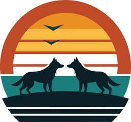 Wolves Retro Sunset Design template. Vector design template for logo, badges, t-shirt, POD 