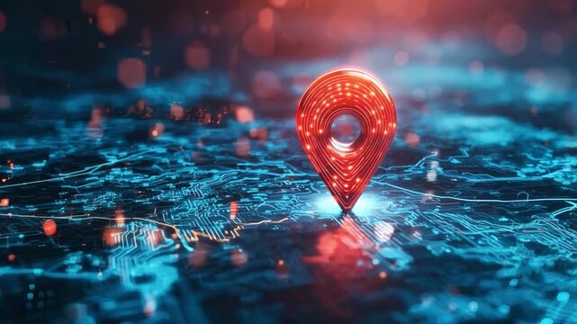 A red navigation pin illuminates as it stands out against a vibrant, blue digital map background filled with glowing patterns.