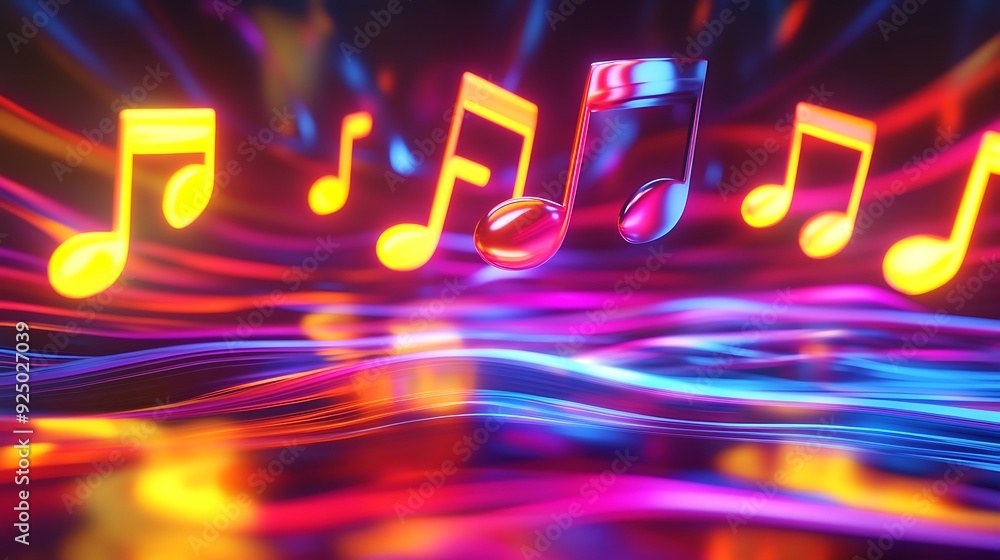 Poster 3D Floating Neon Musical Notes with Abstract Digital Waves and Ambient Lighting