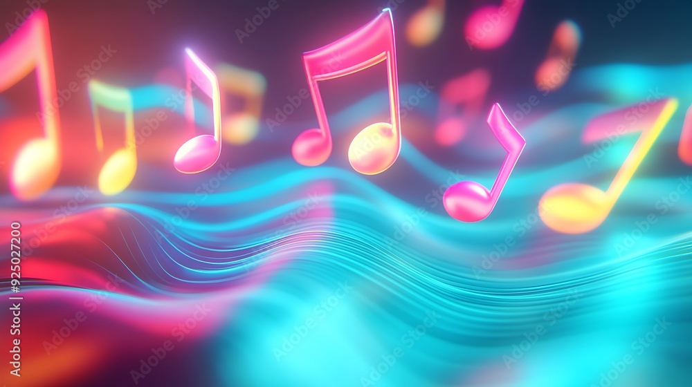 Poster 3d floating neon musical notes with abstract digital waves and ambient lighting