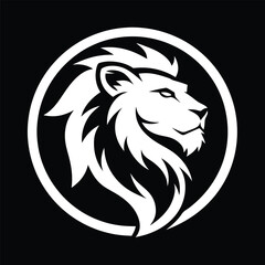 A white lion head profile is depicted within a circular outline, set against a black background. The lions mane is stylized with sharp, angular lines. 