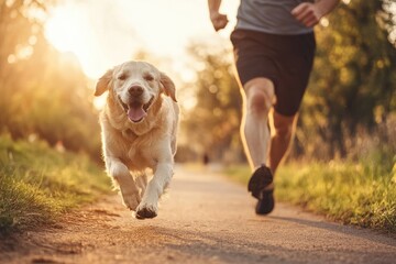 A man and his dog are running together on a path, a golden retriever and he is enjoying the run
