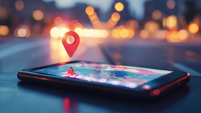 A smartphone shows a navigation map with a location marker, illuminated by city lights and traffic during the evening.