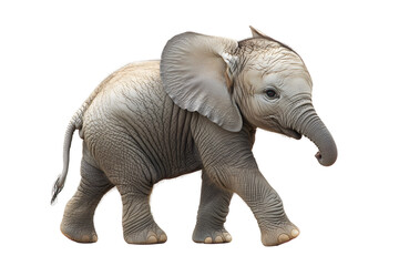 Fototapeta premium Cute Baby Elephant Calf Standing on Plain White Background Transparent PNG with High Detail