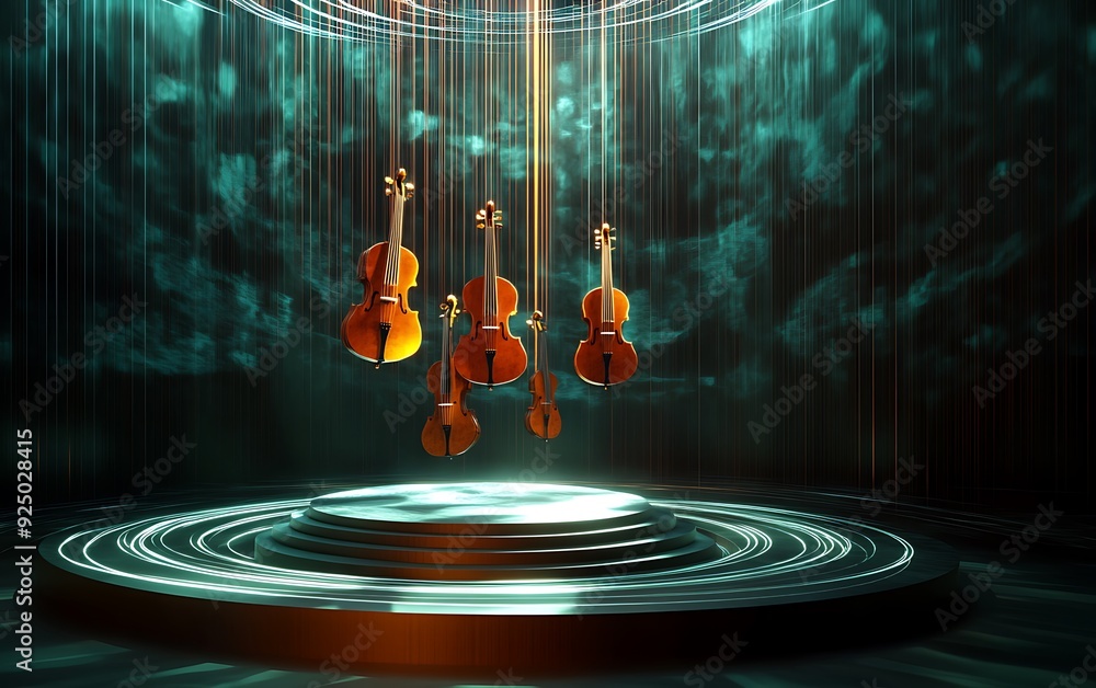 Poster 3D Abstract Stage with Floating Glowing Musical Instruments and Vortex of Sound Waves