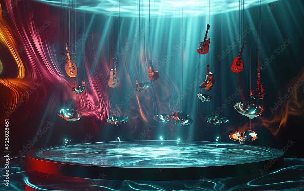 Poster 3D Abstract Stage with Floating Glowing Musical Instruments and Vortex of Sound Waves