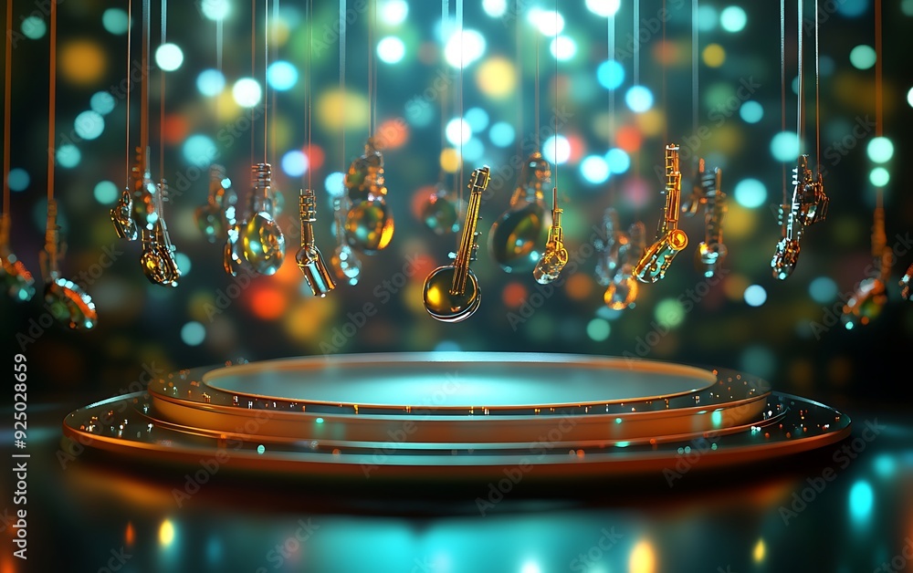 Poster 3D Abstract Stage with Floating Glowing Musical Instruments and Vortex of Sound Waves