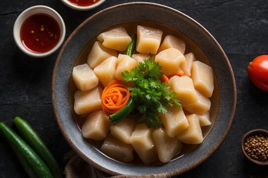 a bowl of suki that is ready to be boiled with sauce and served for you top view with dark background