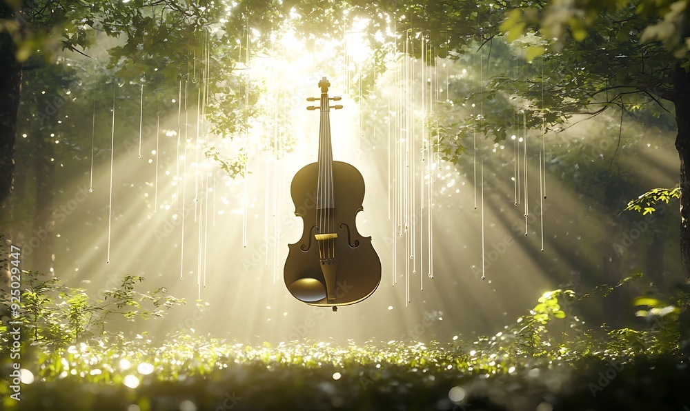 Poster 3d floating violin with glowing sound waves in serene misty forest at dawn