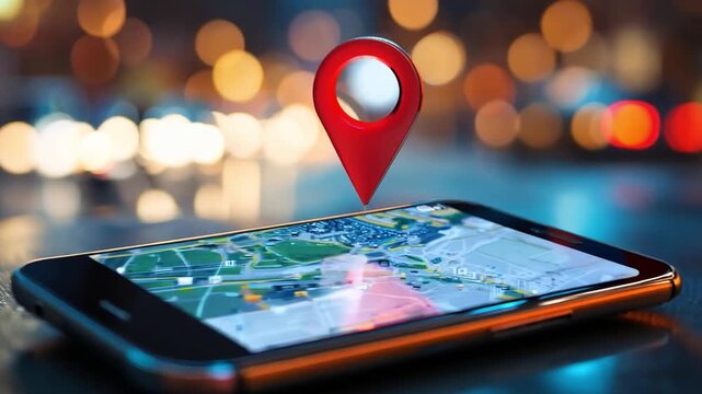 A smartphone lies on a wet surface, showing a navigation map with a location pin against a blurred city background filled with lights.