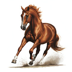 Obraz premium A majestic horse standing tall, with a flowing mane and muscular build. Its coat shines in the sunlight, showcasing a deep chestnut color with white markings. 