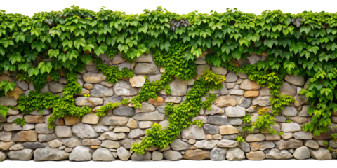 Stone wall covered in vines, on white background.AI GENERATED