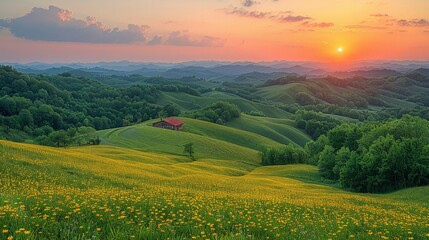 Fototapeta premium Sunset Over Rolling Hills: Soft, rolling hills under a vibrant sunset sky, with the landscape bathed in warm, golden light, creating a serene and picturesque scene. 