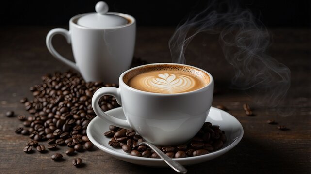 Cloud floating above white ceramic cup of aromatic drink representing concept of thoughts during coffee break on blue background
