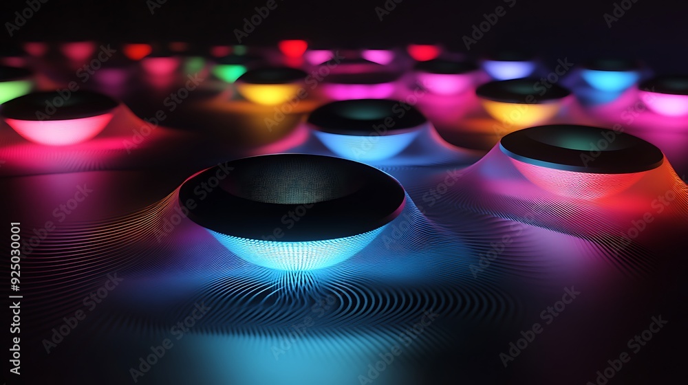 Poster 3d rotating speakers emitting sound waves with colorful lights in minimalist dark background