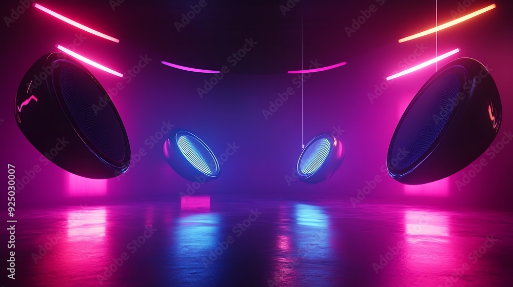 Poster 3d rotating speakers emitting sound waves with colorful lights in minimalist dark background