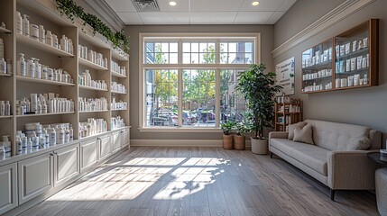 Fototapeta premium Mental Health Dispensary Room: A calm, soothing dispensary room focused on medications and supplements for mental health and wellness.