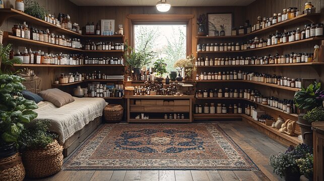 Integrative Health Dispensary: A room that blends traditional and alternative medicine, offering a wide range of health products and treatments.