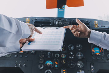 Professional pilot woman in uniform has teamwork meeting for success flight in aviation business....