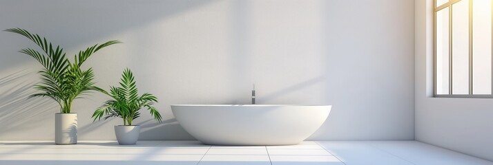 An elegant, minimalist bathroom showcasing a pristine white bathtub, green plants, and soft natural light, creating a serene and relaxing atmosphere.